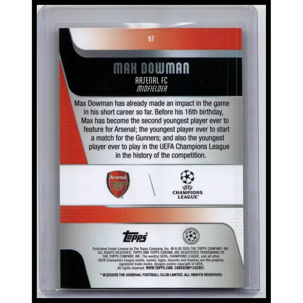 2025-26 Topps Chrome UEFA Max Dowman #57 Arsenal FC X-Fractor Rookie